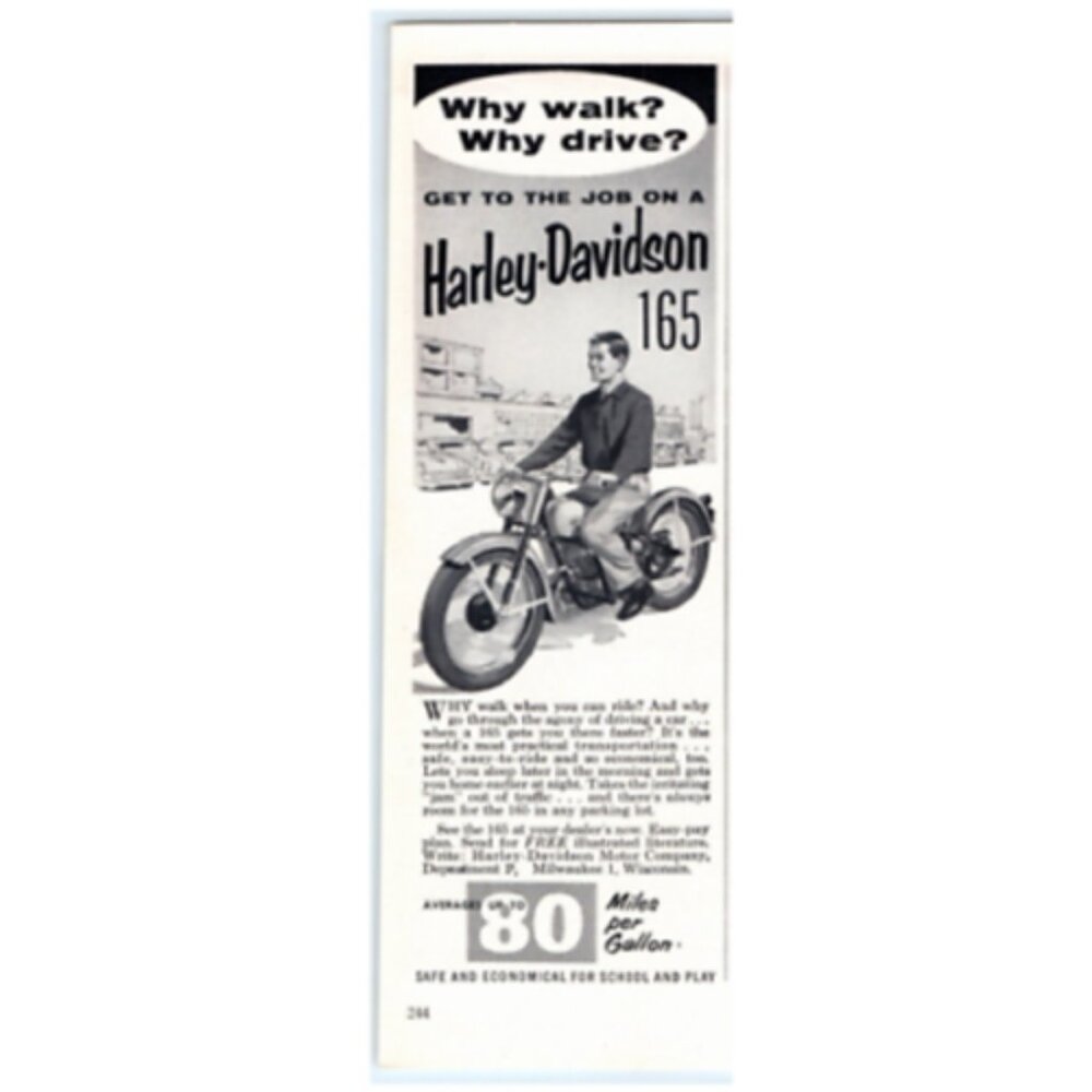 1955 Print Ad Harley Davidson 165 Why Walk Why Drive Get to The Job on a 165!